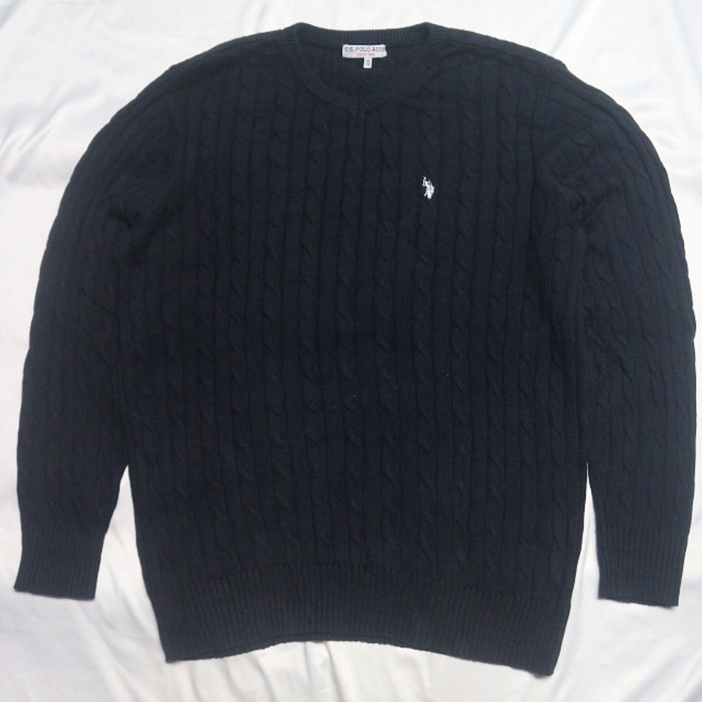 USPA U.S. POLO ASSN Vneck Kepang Cable Navy Pekat Kencang XL Katun Knitwear Sweater Sweatshirt Crewn