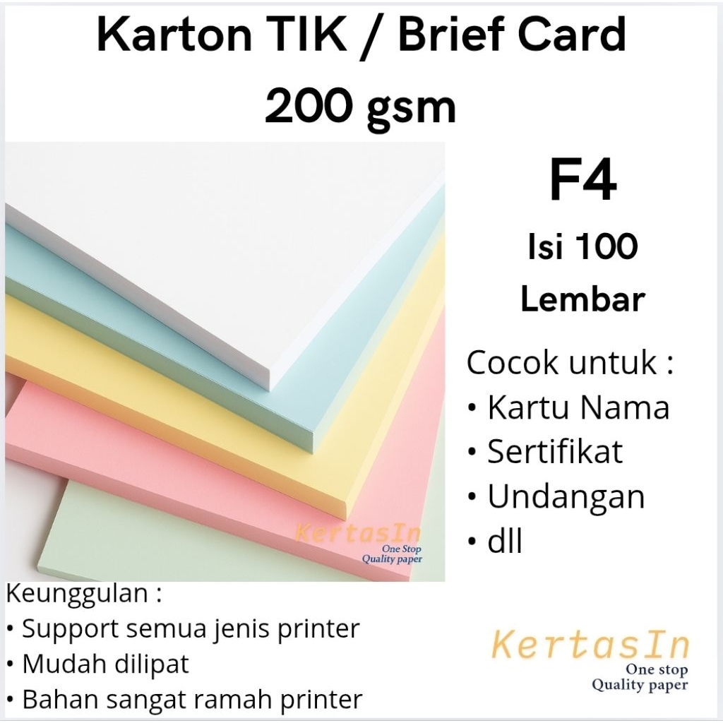 

Karton TIK / Brief Card 200 gsm F4 Isi 100 Lembar Warna Pastel – Karton Manila / Brief Card Tebal - Cocok Untuk Cover, Undangan, Sertifikat dan Kartu Nama.