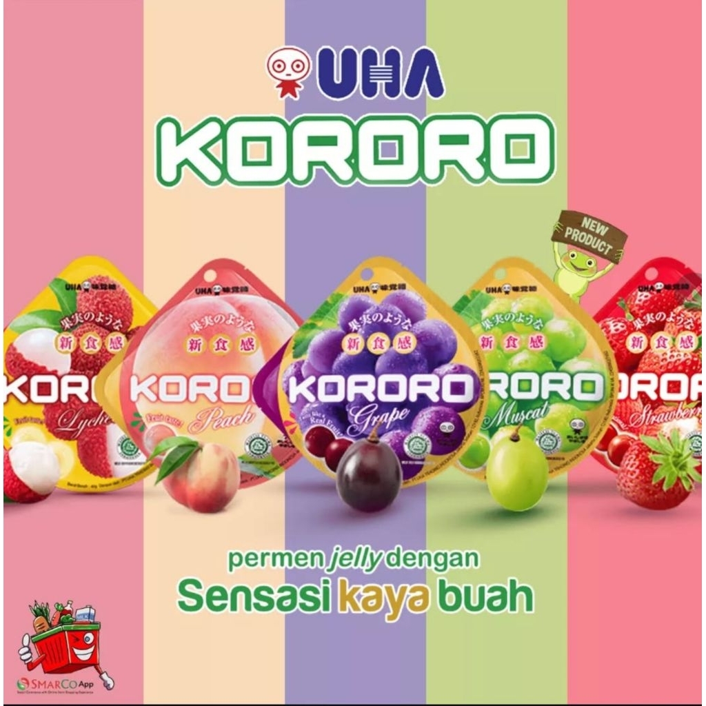 

Permen KORORO UHA jelly candy Peach, Strawberry, Grape, Muscat, Lychee, Cola 40g