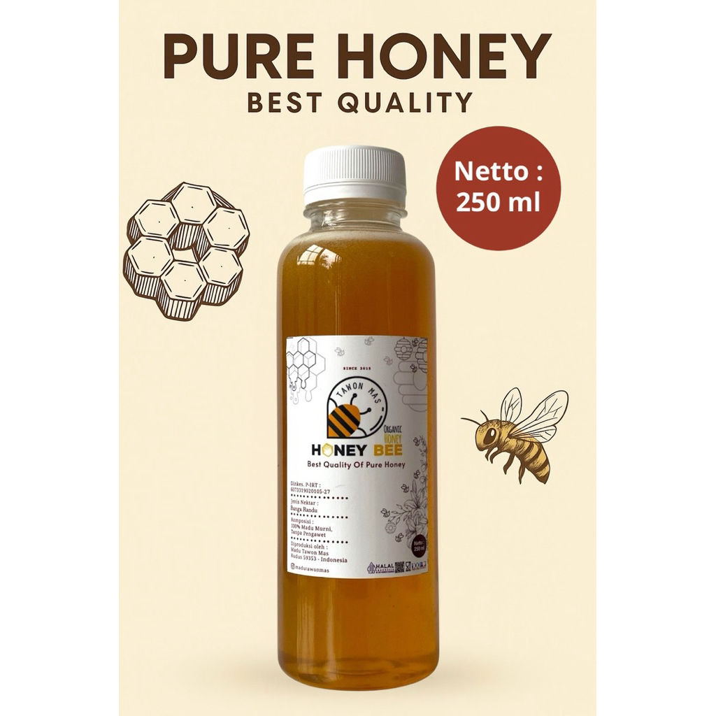 

Madu Tawon Mas Asli Nektar Randu 250ml/350gram Grade A 100% Alami Pure Natural Raw Honey