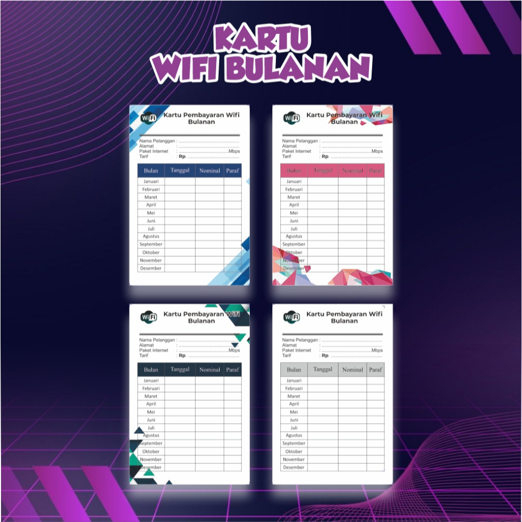 

Kartu Iuran WIFI Bulanan Kertas BC 160gsm Tebal Ukuran 15x10 cm Cetak HD Full Color - Bisa Custom Nama Provider untuk Warnet Kosan Kantor - Ready Stock Tanpa Minimal Order