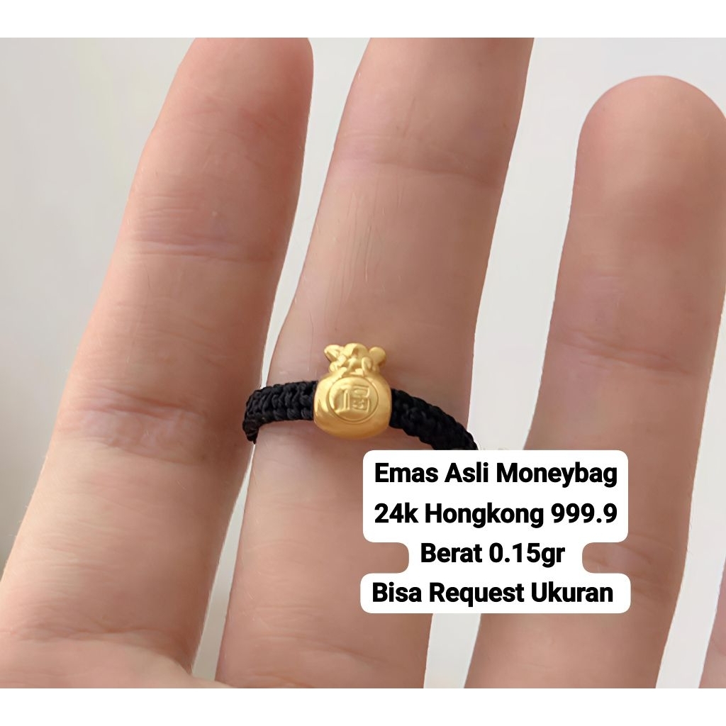 Cincin Emas Asli Moneybag 24k Hongkong 999.9 Tali