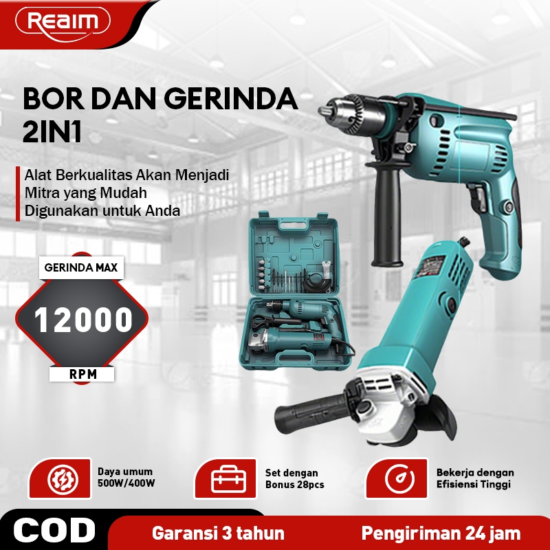 Reaim Mesin Gerinda Tangan dan Mesin Bor Listrik 13mm Set Gerinda dan Bor Paket Bor Gerinda Free Kop