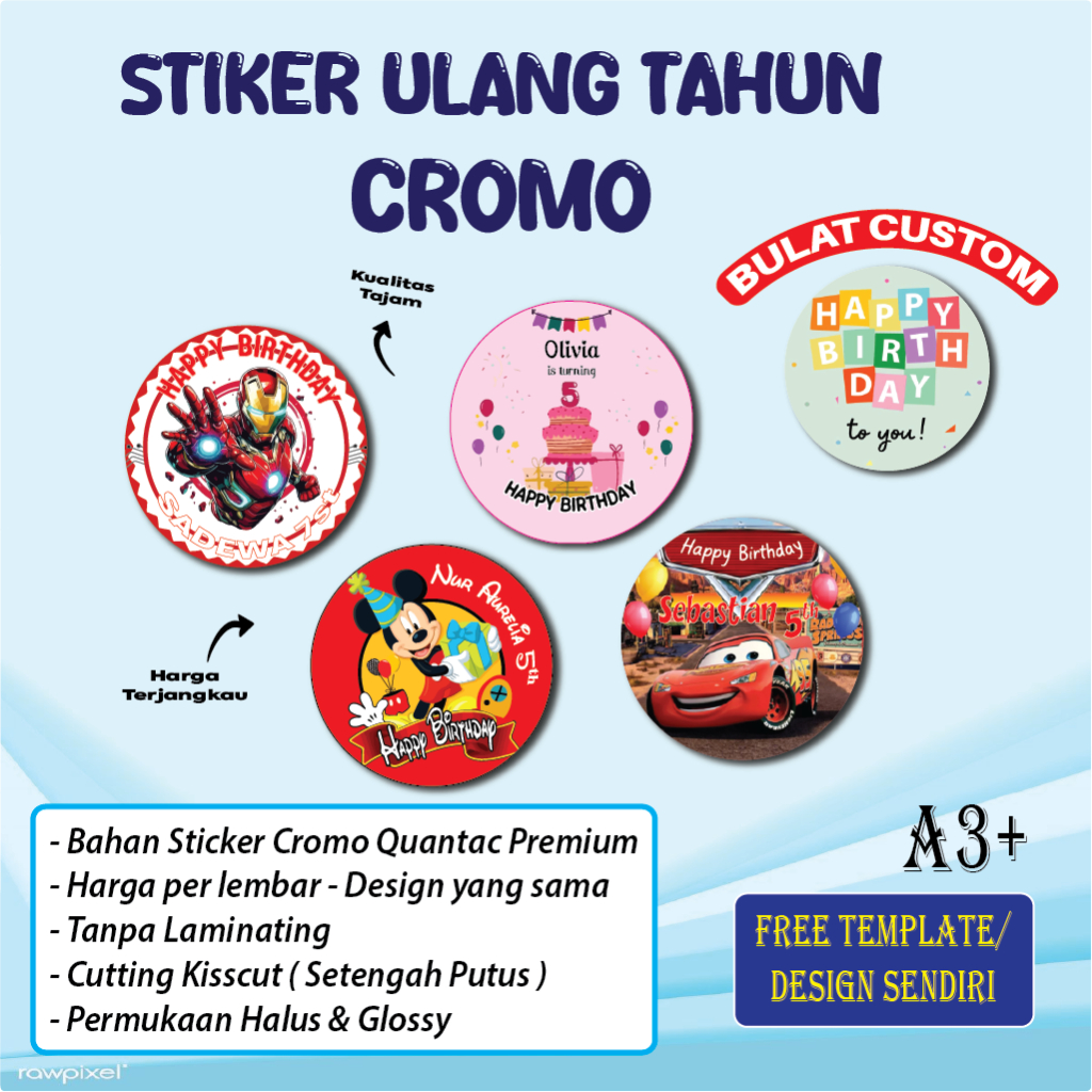 

Cetak Stiker Cromo Logo Bulat Label HBD Custom Stiker A3+ Print Sticker Ulang Tahun Lingkaran