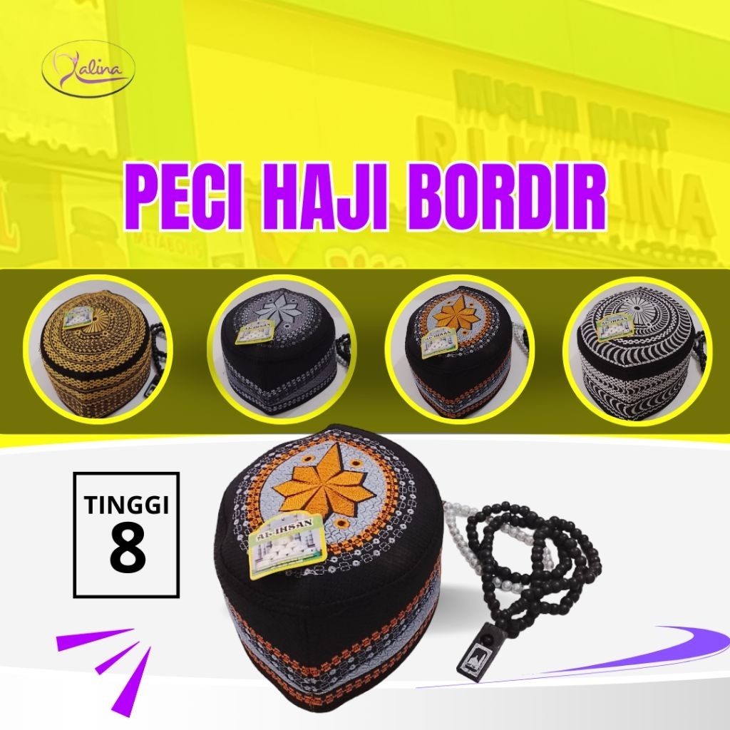 Peci Haji Bordir Al-Ihsan – Motif Bintang Geometris | Warna Hitam Oranye & Hitam Abu-Abu