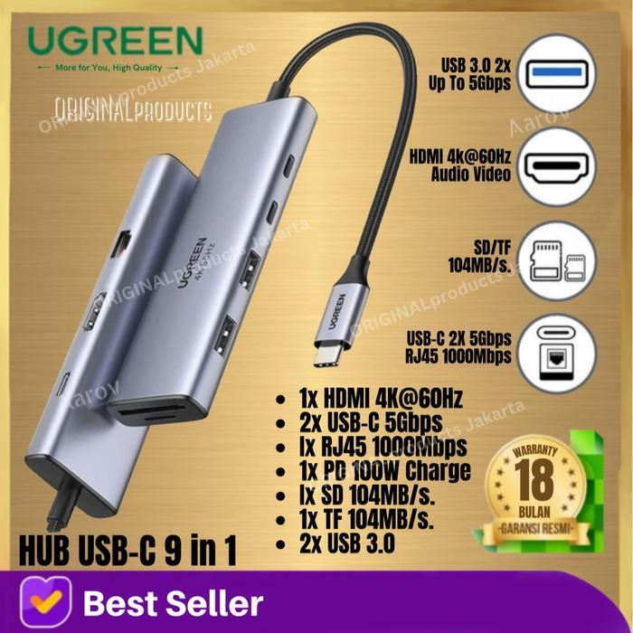 UGREEN USB C HUB 3.0 TO HDMI KE RJ45 LAN 4K 60hz 9in1 ETHERNET 15375 Aluminium Kabel Card Computer -