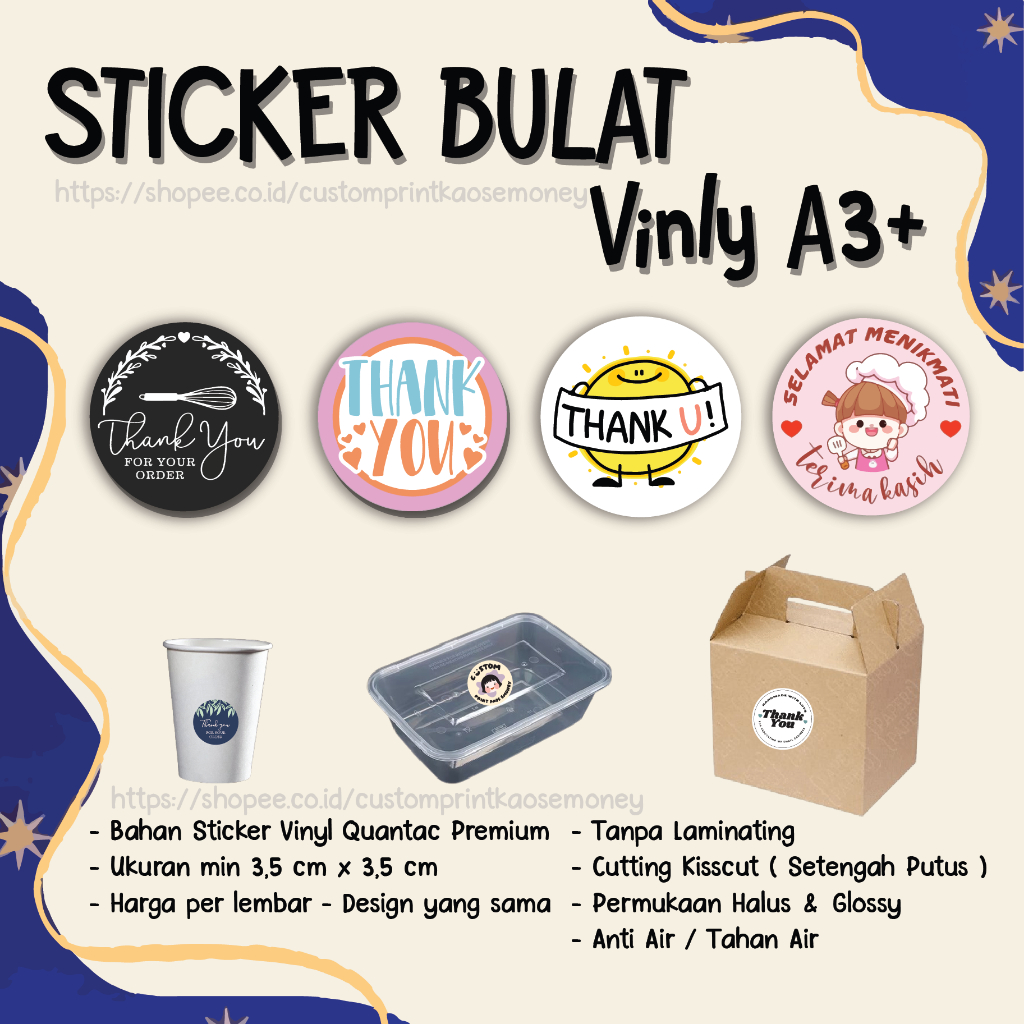 

Cetak Stiker Bulat Vinyl Anti Air Waterproof A3+ Kisscut Label Makanan Online Shop Vynil Vinil Cute