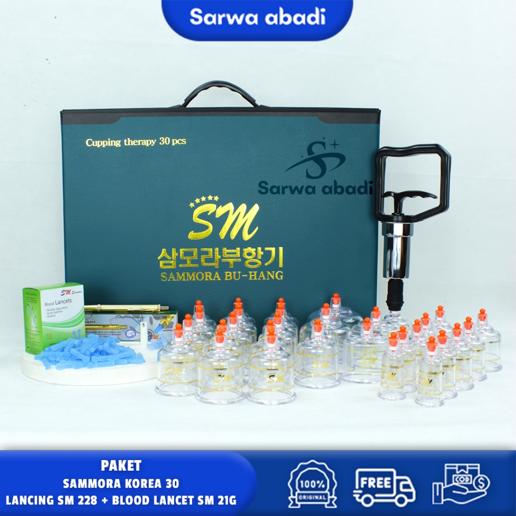 Paket Alat Bekam SM Biru Isi 30 + Lancing Gold Sammora SM228 + Blood Lancet Sammora BL21G SM