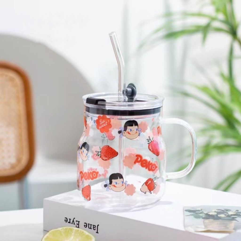 Gelas Cup Aesthetic 500ml dengan Tutup & Sedotan Kaca – Gelas Minum Lucu Unik