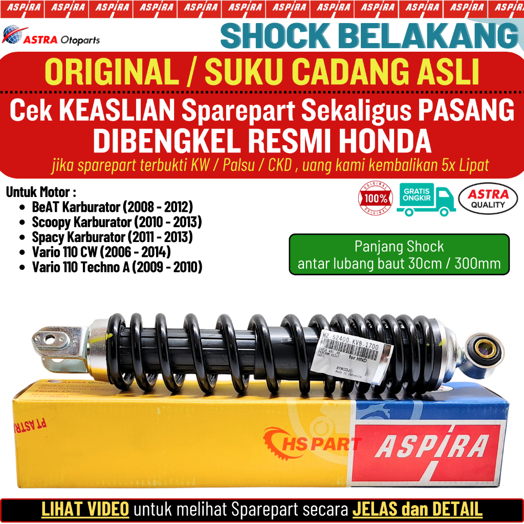 Shockbreaker Shock Belakang Beat Scoopy Spacy Vario 110 Karbu Original Aspira