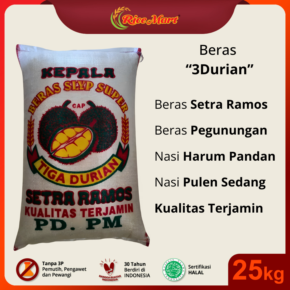 

Beras 3 Durian 25 Kg - Pulen Sedang - Harum Pandan - Kualitas Terjamin