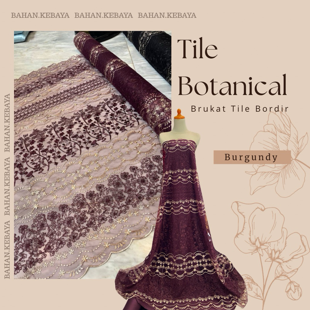 Bahan Kebaya Brukat Brokat Tile Tulle Bordir Embroidery BOTANICAL Two Tone 2 Warna Burgundy Ungu Gol
