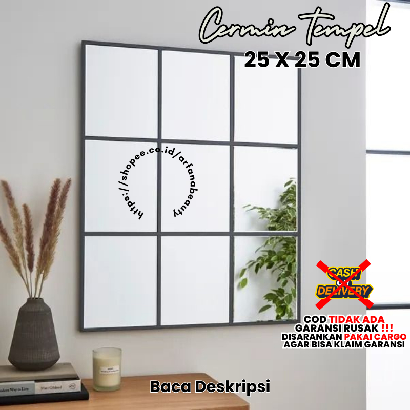 Cermin Tempel Persegi 25X25 + Bingkai Aesthetic Dinding Dekorasi Hiasan Dinding Ruang Tamu Kamar Tid