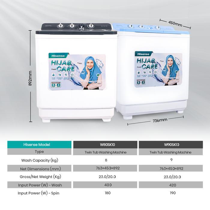 MESIN CUCI HISENSE 2 TABUNG WS 80K10 8 KG 400 WATT - WS 80K10