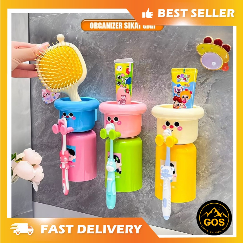 Tempat Sikat Gigi Tempel Magnet Karakter Anak Lucu / Magnetic Toothbrush Holder Set Cangkir Rak Odol