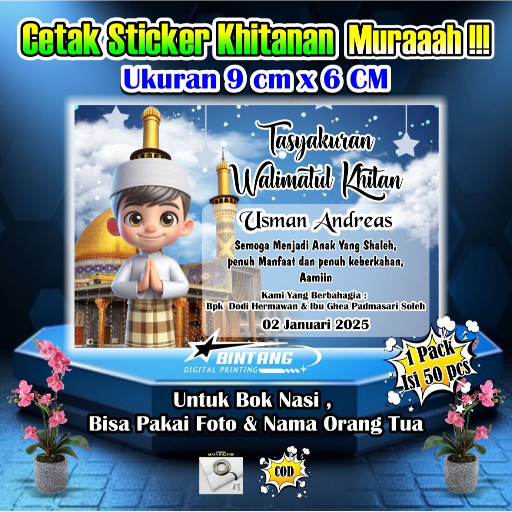 

Cetak Sticker Khitanan / Sticker Bok Nasi Ukuran 9 cm x 6 cm 1 pcsk isi 50 pcs