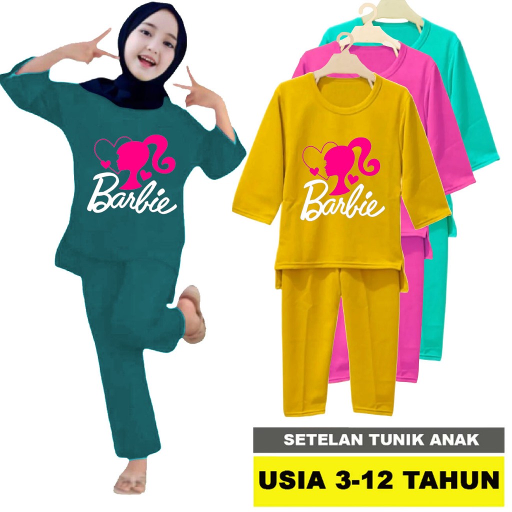 Setelan Baju Anak Perempuan 3-12 Tahun motif barbie