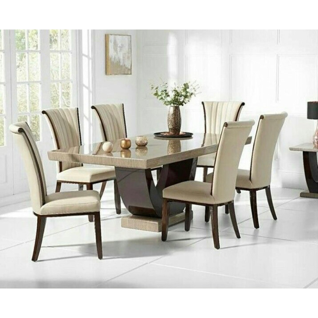 Set meja makan  minimalis 8 kursi top marmer cream asli - set kursi makan 8 kursi minimalis top marm