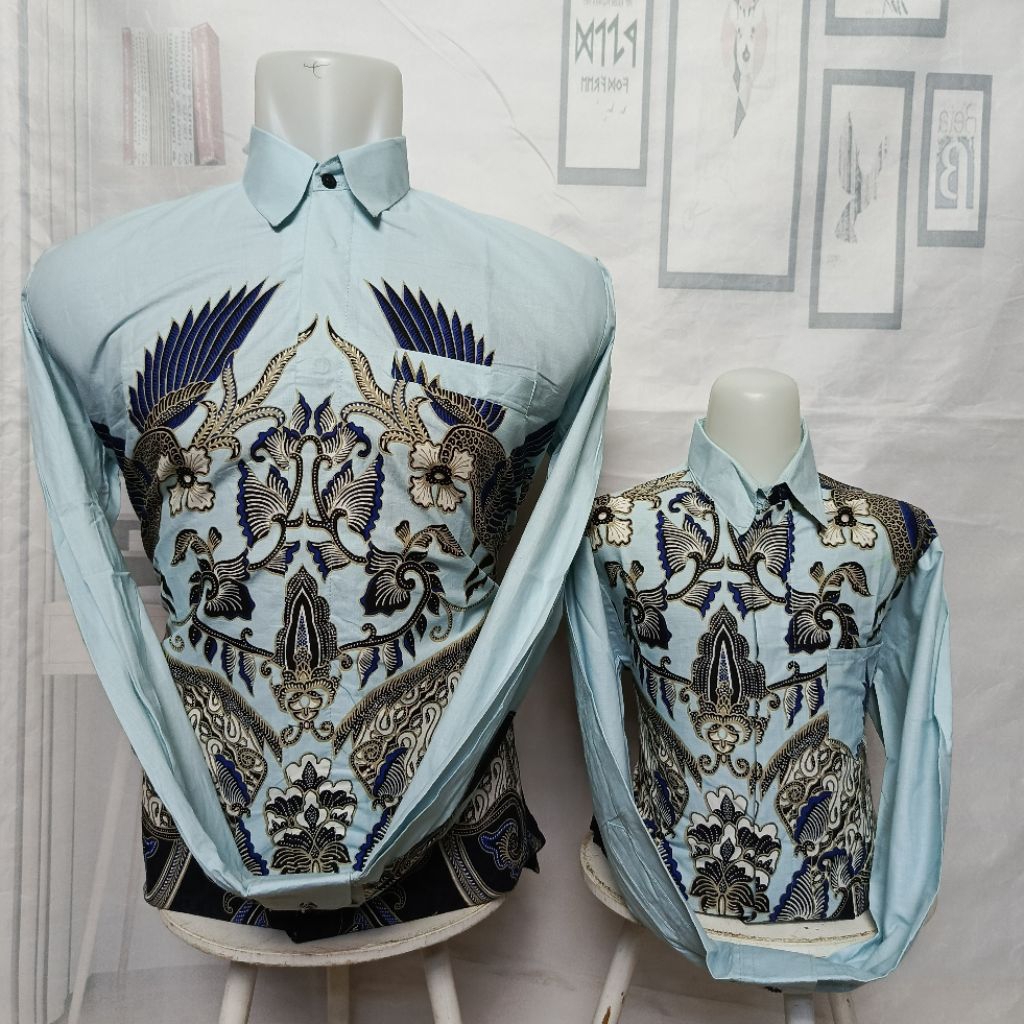 Gading Biru Telor Asin, Kemeja Batik Couple Ayah Anak Warna Biru Telor Asin, Bahan Katun Primishima