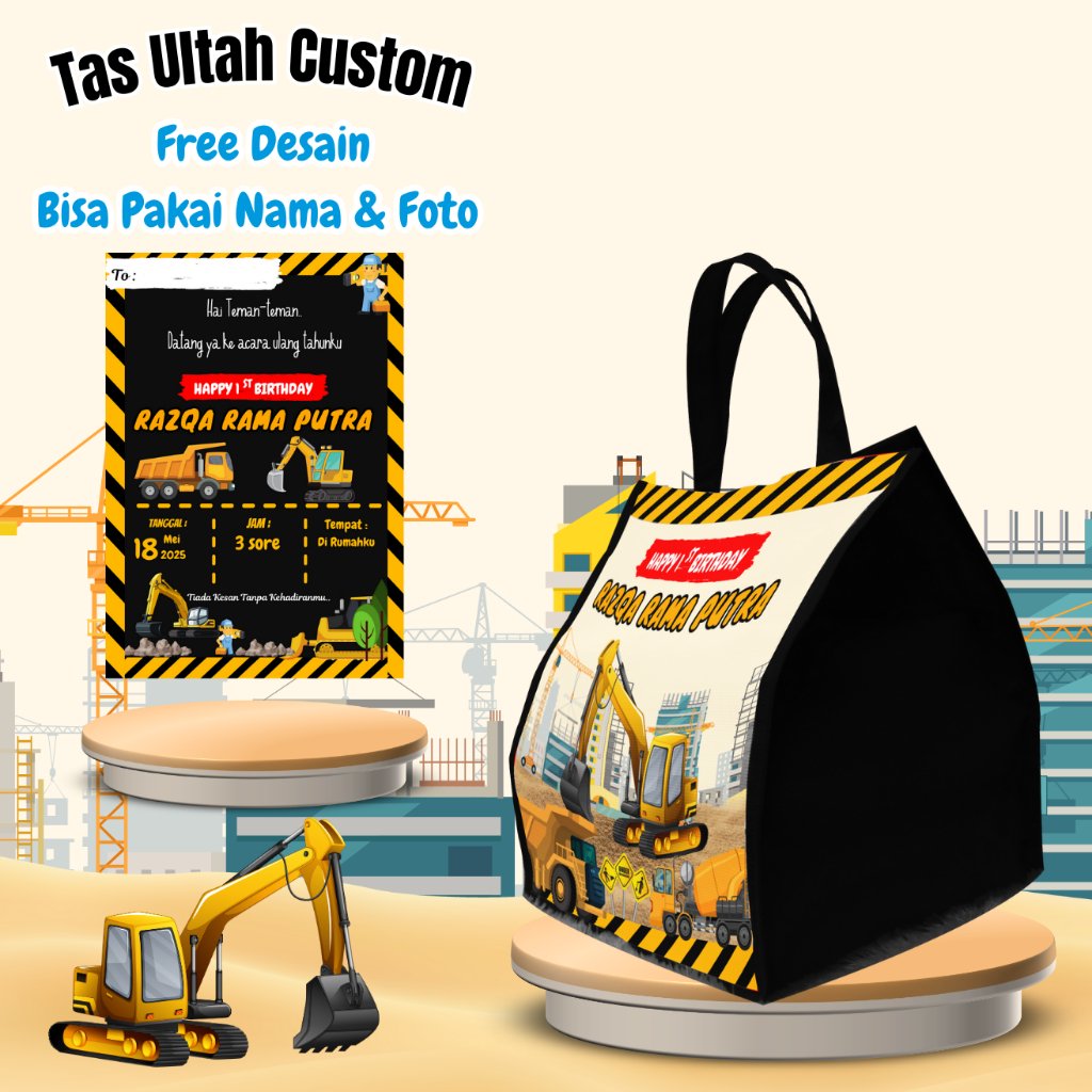

Paket 50 Pcs Tas Bingkisan Ulang Tahun Anak Free Undangan Custom Desain Eksavator Muat Bento Snack