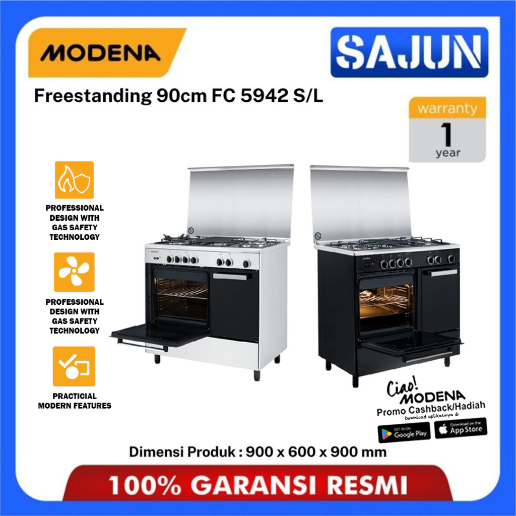 Modena Kompor Gas Freestanding 4 Tungku FC 5942 S / FC5942S / FC5942L- 90 cm Oven Gas Italian Burner
