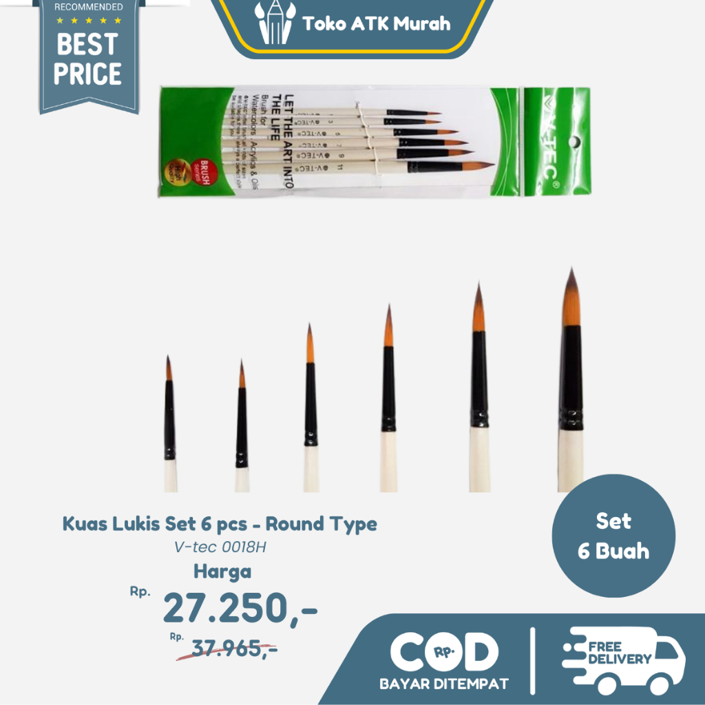 

V-Tec Round Brush 0018H Set 6 / Kuas Lukis Set 6