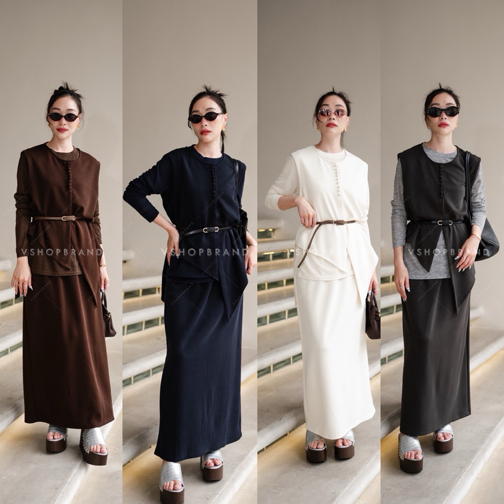 PO, TIDAK READY! Set 4pcs, Long Sleeve Top, Vest, Belt & Skirt VS6020-4 ❌NO REFUND NO EXCHANGE❌