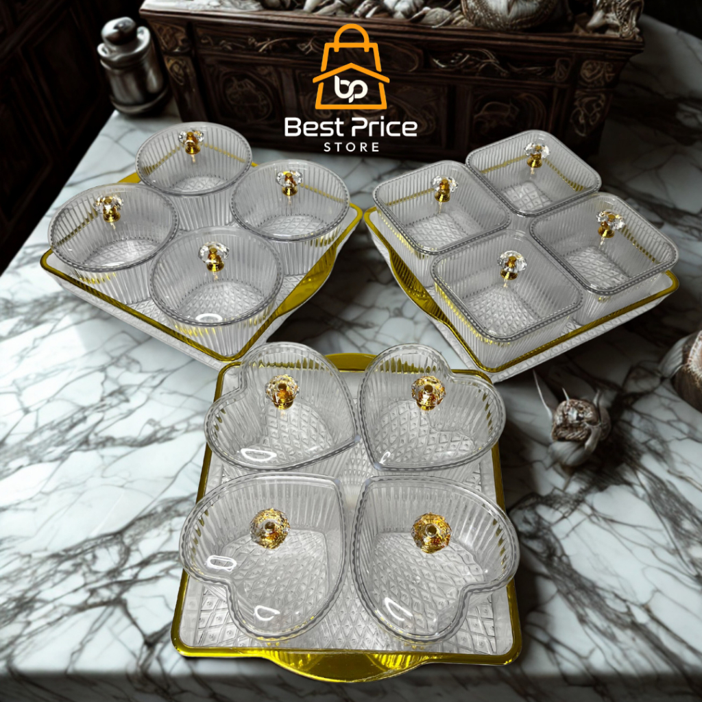 Tempat Snack/Toples Cantik Tutup Kristal Gold/Toples Kue Kering Set 4 sekat/Toples Kue Akrilik Elega