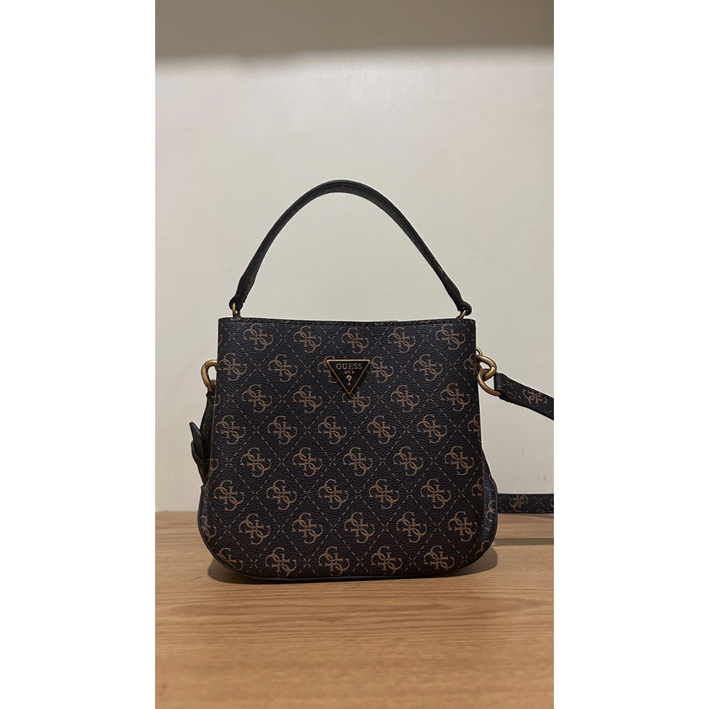 Guess Alexie Small Bucket Bag for Women, Brown Logo