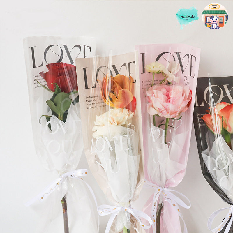 

(20 Lembar) Plastik Single Flower Tulisan LOVE PRINTED Korean Style / Plastik Bunga Tangkaian Satuan