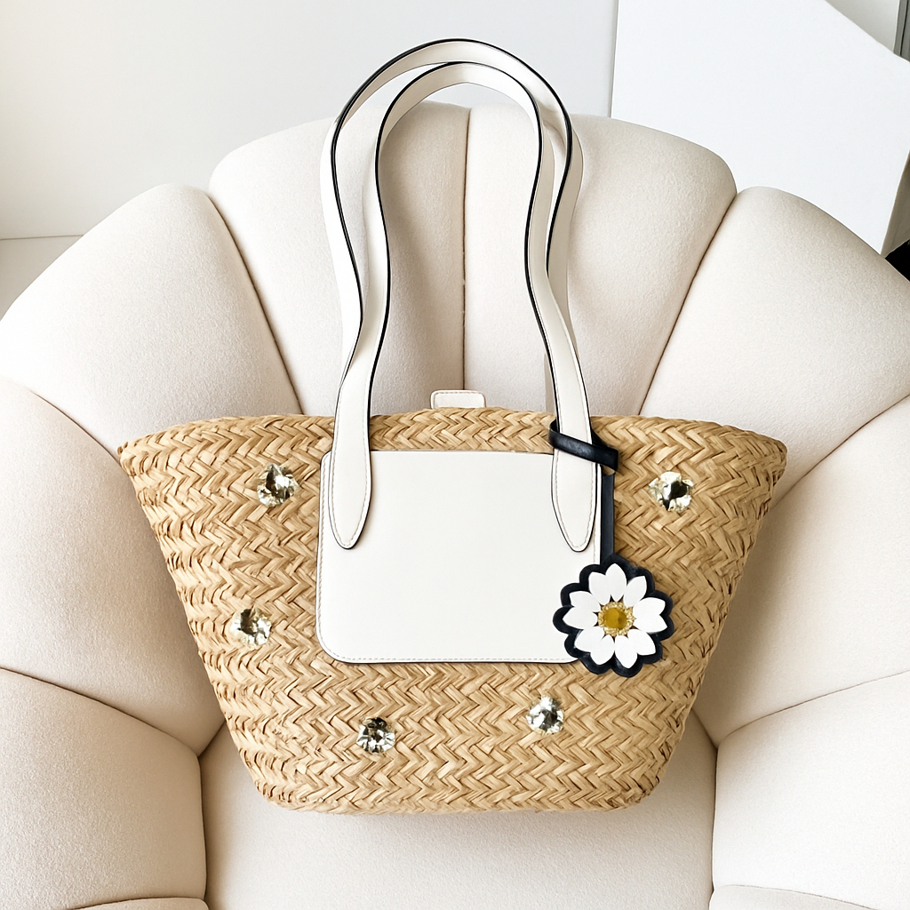 Tas Anyaman Rotan Premium Tote Wanita Polos Elegan dengan Hiasan Bunga – Stylish & Ringan untuk Hang