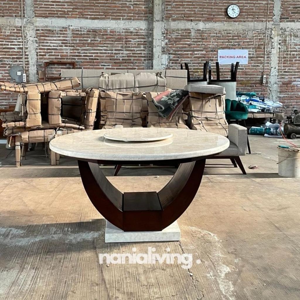 Meja Makan Marmer Bulat Berputar Rangka Kayu Jati