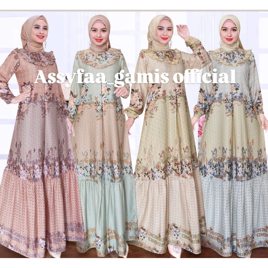 Gamis silk silky premium motif printing terbaru lebaran|busana kondangan Aulia Dress|Ready cod gamis