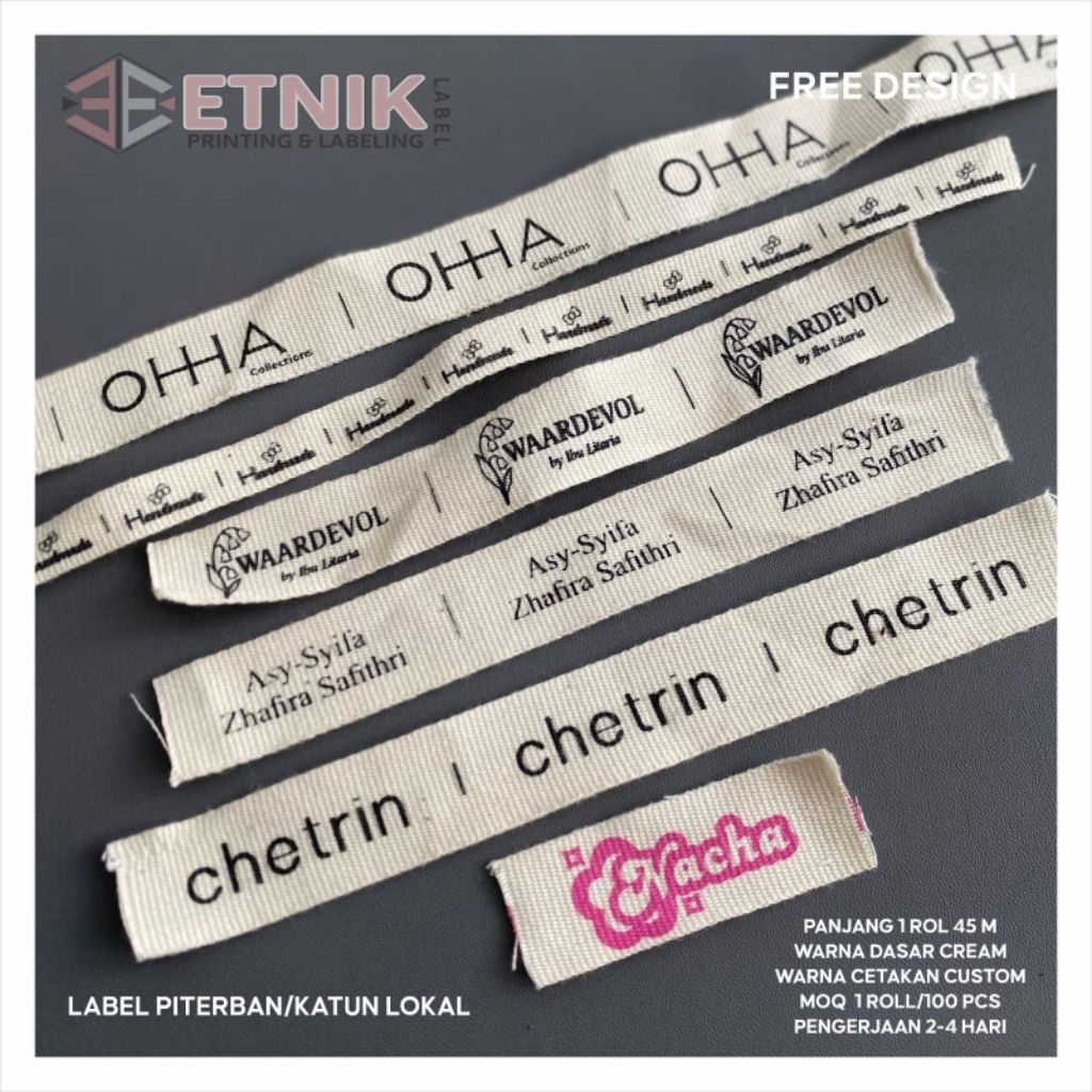 

label pita katun tebal, label nama, label merek, label katun