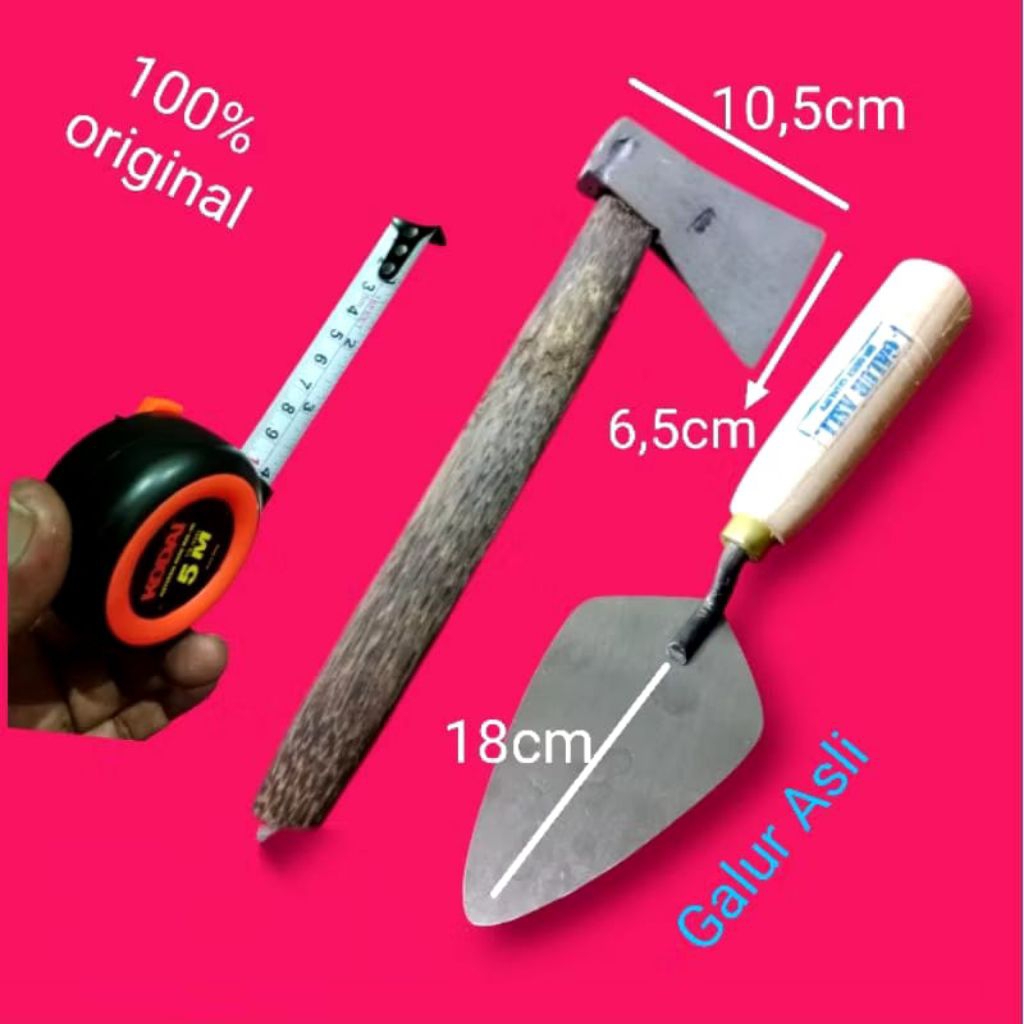 Paket 3 Pcs - Sendok Semen Galur Asli Baja 18cm/Kapak Tukang Kecil/Meteran 5 meter