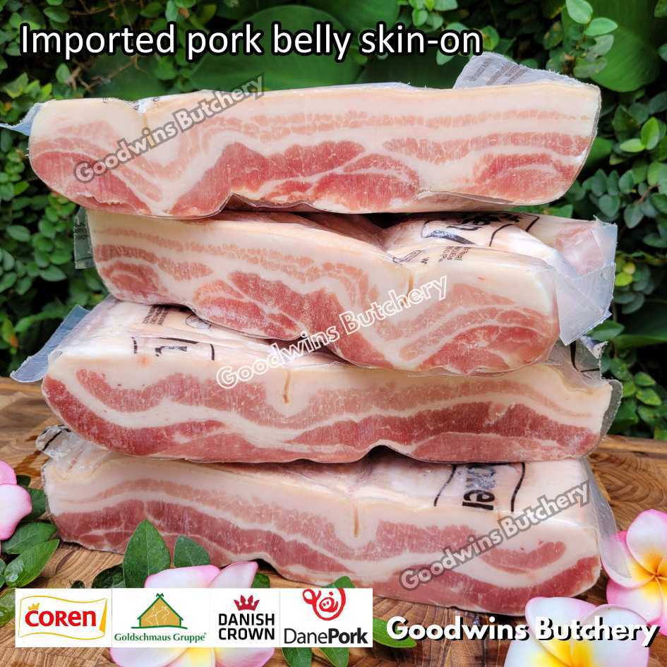 

Pork belly skin-on 1.5kg small roast cuts samcan babi berkulit import frozen | Spain Coren | Denmark DanishCrown DanePork | Germany Goldschmaus