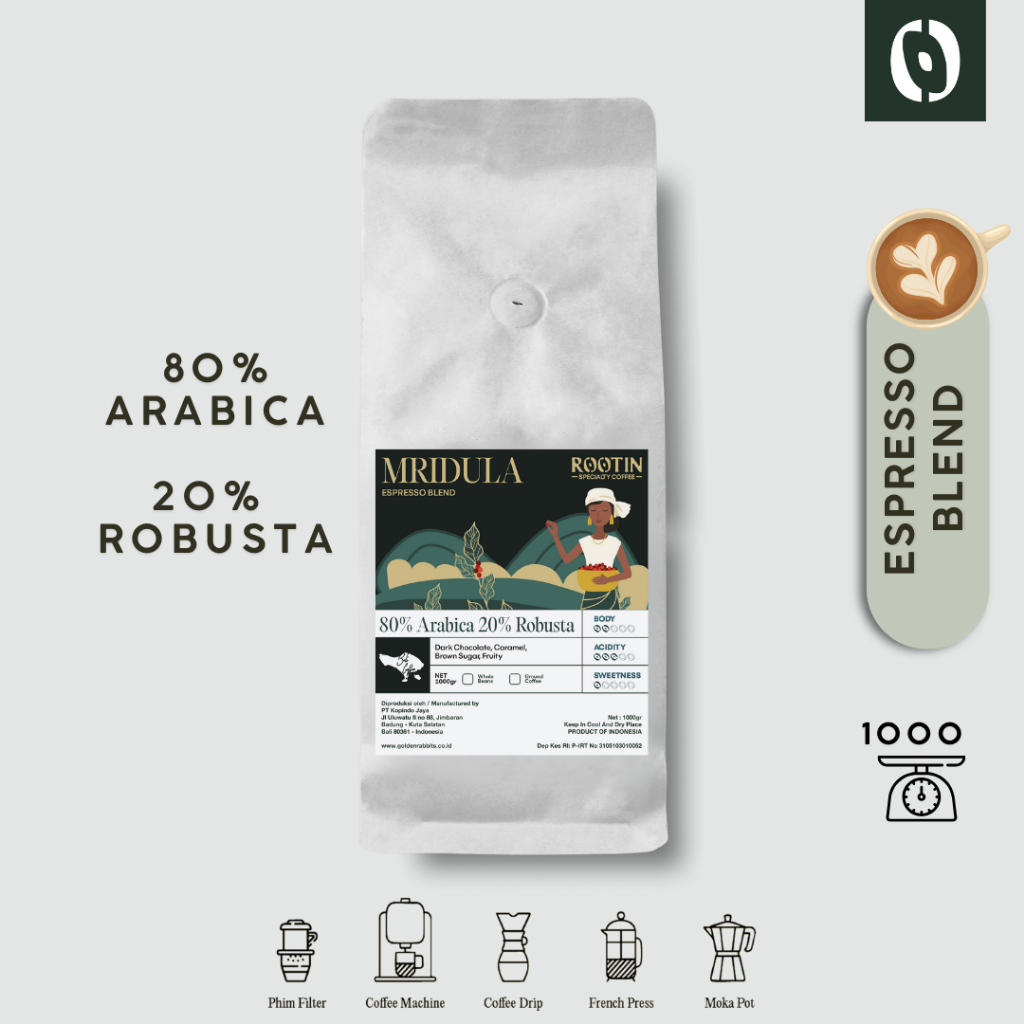 

Rootin Coffee Mridula Espresso Blend 80% Arabika 30% Robusta Beans Biji dan Bubuk Kopi / 1kg