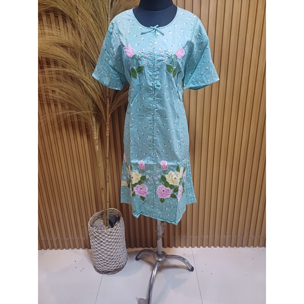 Daster Malang Wanita Katun Jepang Premium Bordir Bunga Mawar Tosca