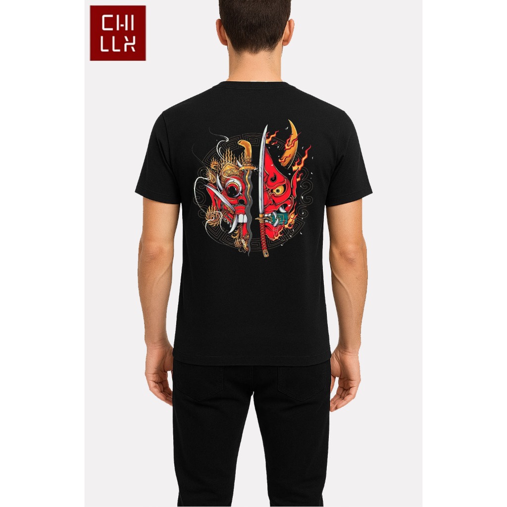 Kaos Pria Putih Distro – Desain Samurai Topeng Oni Jepang