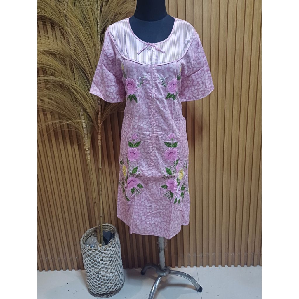 Daster Malang Wanita Katun Jepang Premium Bordir Bunga Kecombrang Pink