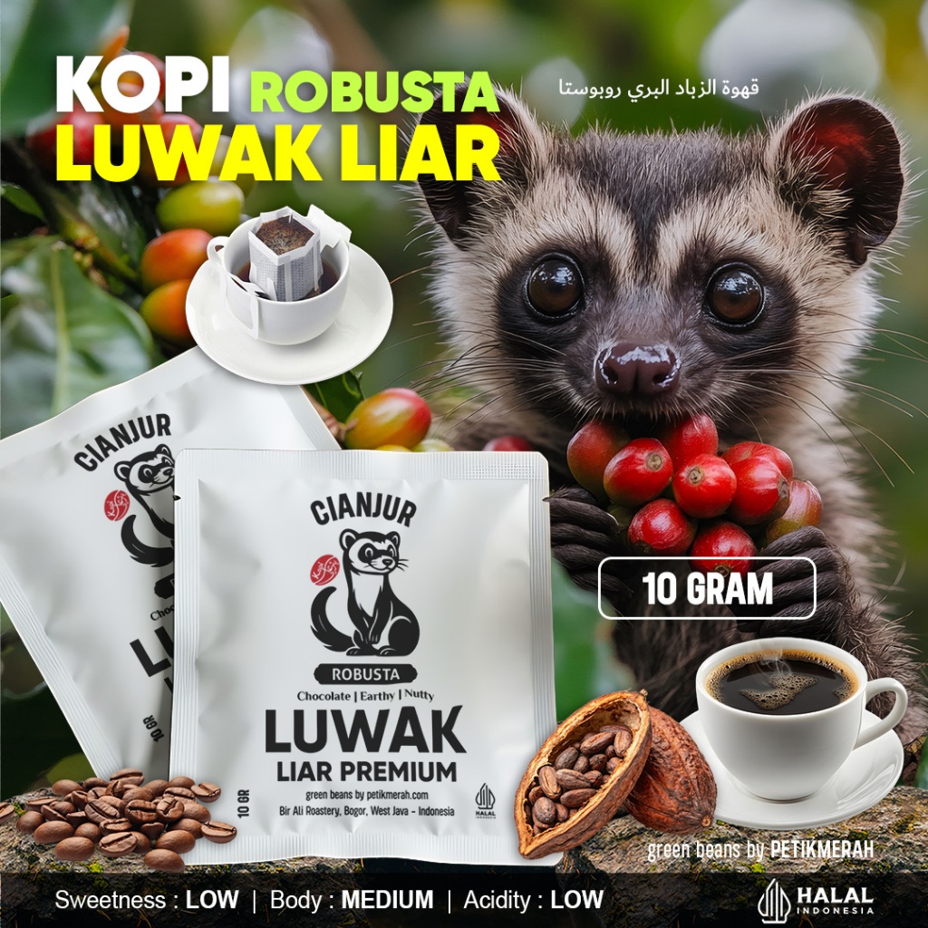 

KOPI LUWAK LIAR ASLI Robusta Cianjur Biji Bubuk Petik Merah Premium Coffee Roasted Beans Drip Bag