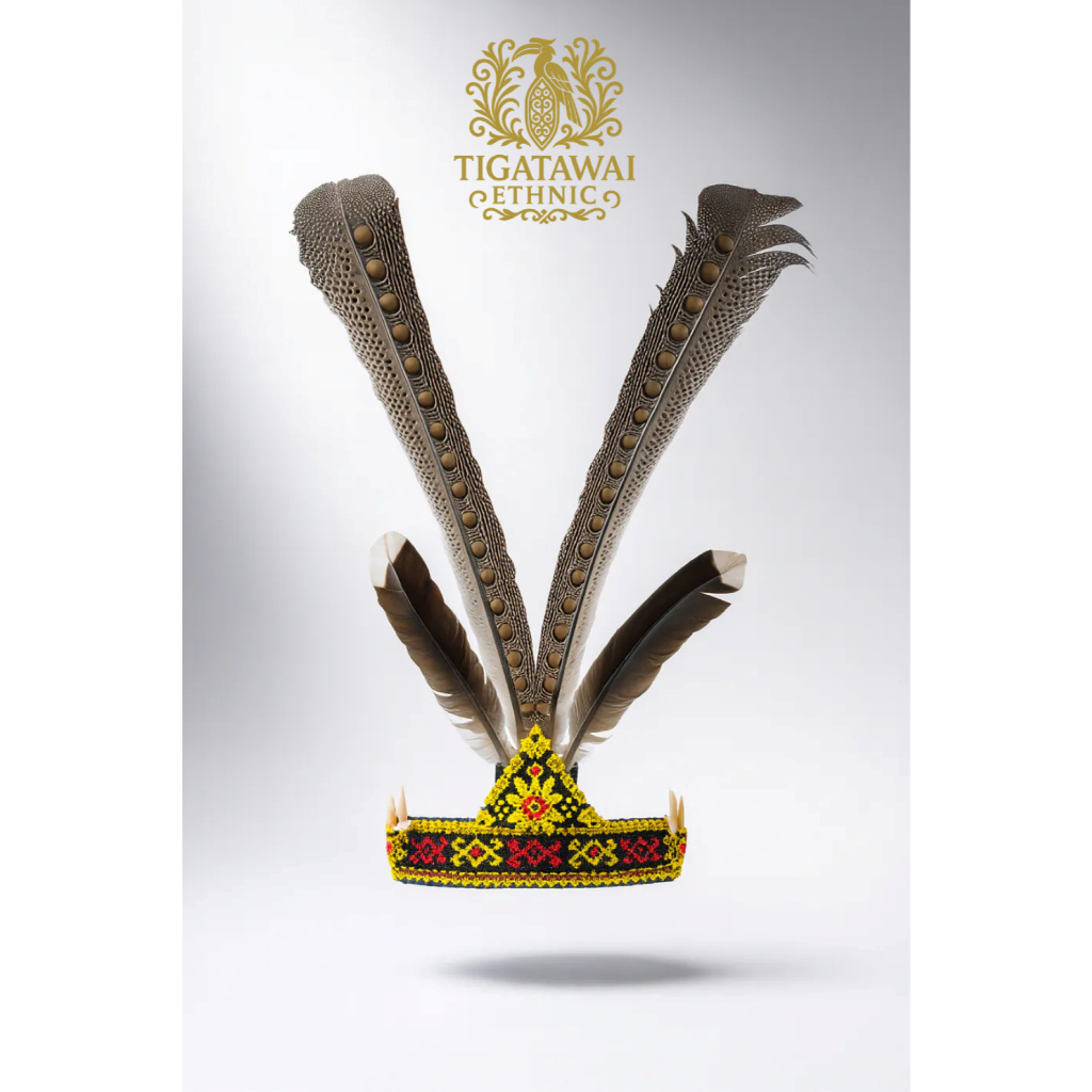 Tigatawai Ethnic - Topi Adat Dayak Wanita Taring Manik + Bulu Ruai Asli Kalimantan
