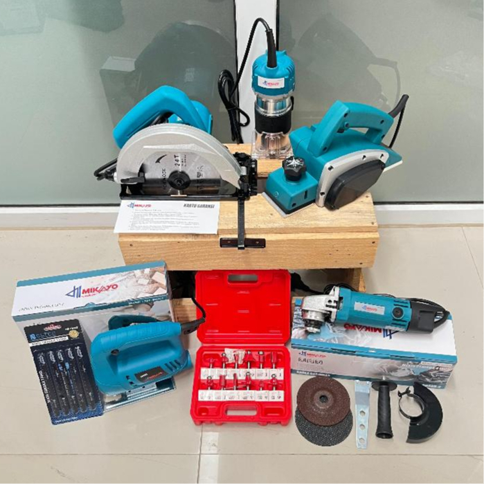 PAKET [5 ITEM] MIKAYO Paket Tukang Kayu Lengkap Mesin Planer/Serut + Circular Gerinda Saw + bor 10mm