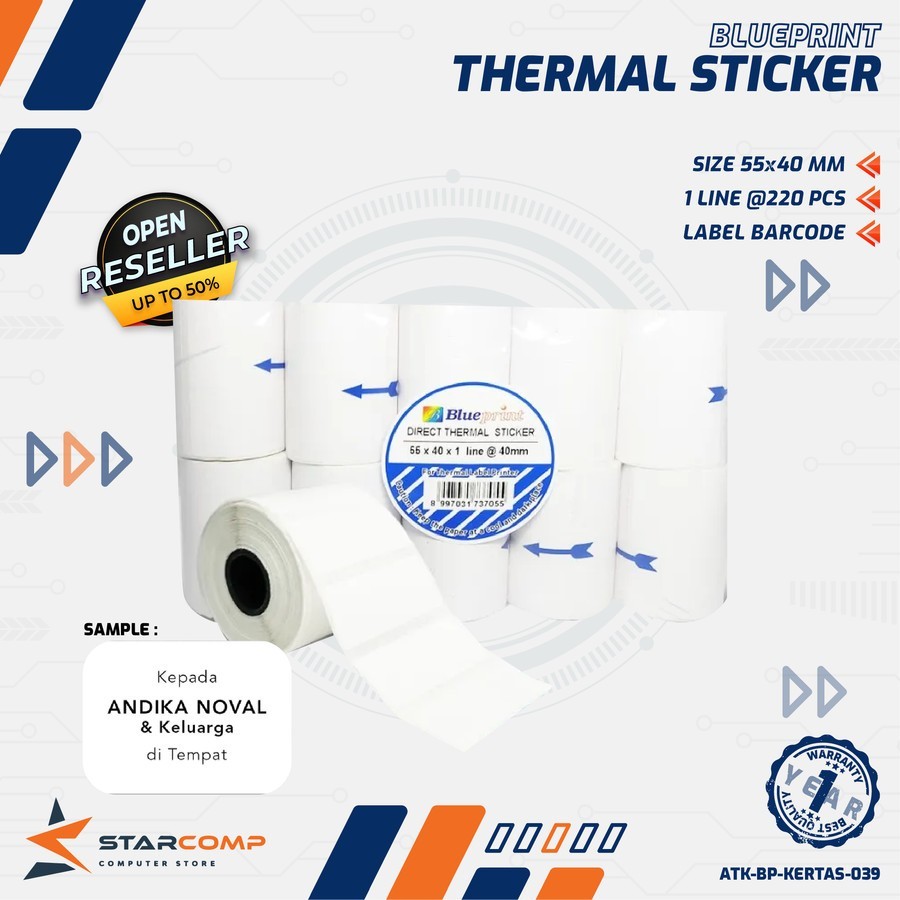 

100Blueprint Kertas Label Sticker 55x40 mm 1 Line Direct Thermal Sticker 220pcs - 1 Roll