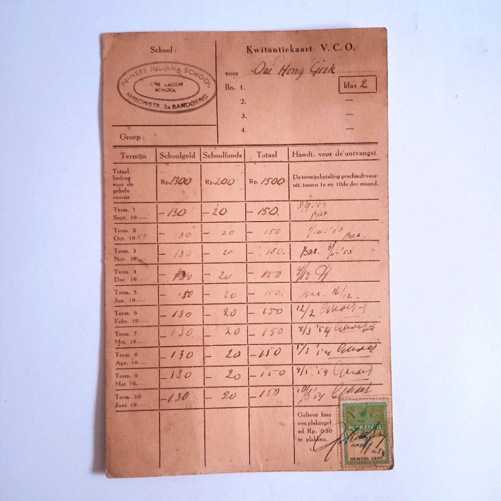 

Antik Dokumen Lama Kartu Pembayaran Sekolah PRINSES JULIANA AMBONSTR BANDOENG KWITANTIEKAART 1954 Utuh langka