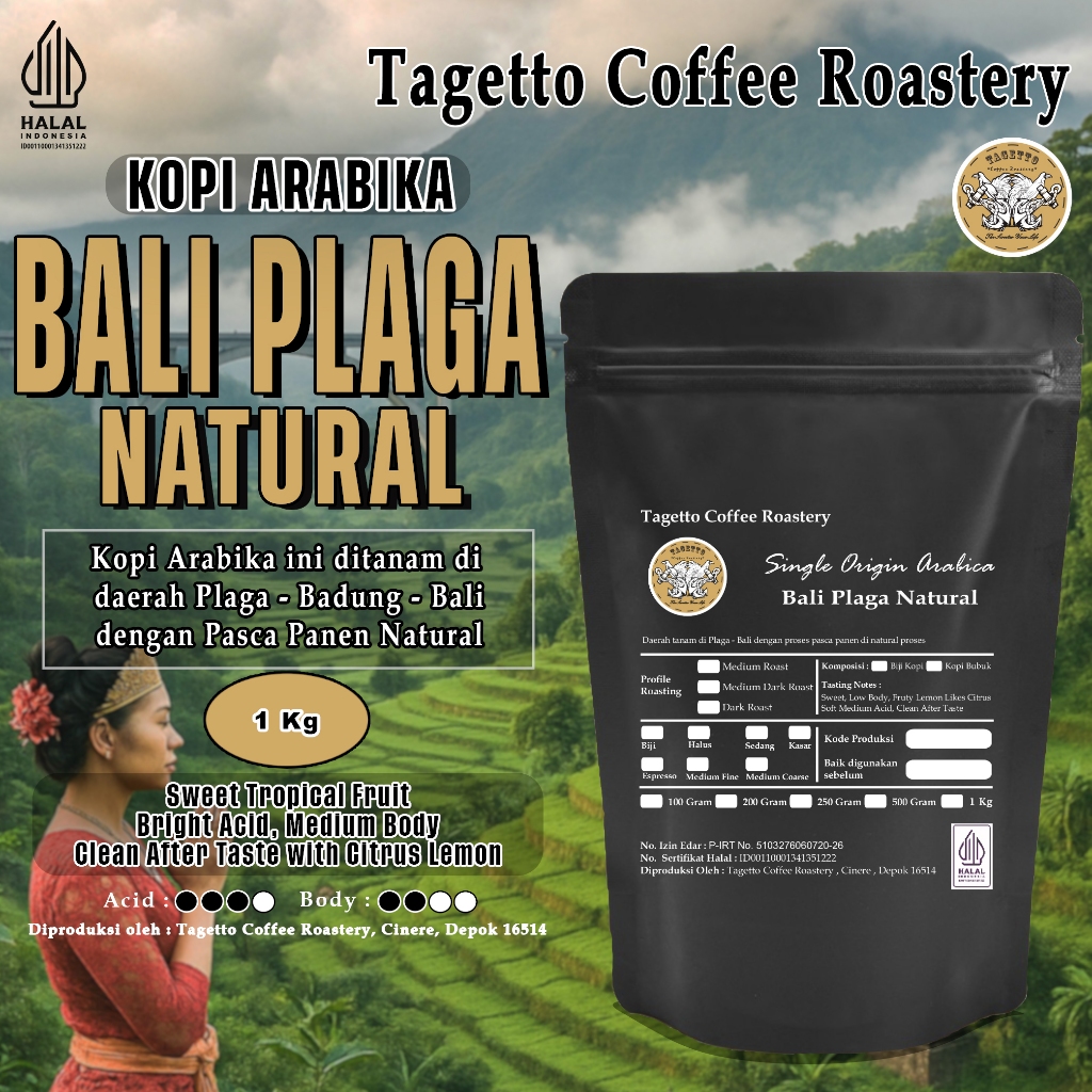 

KOPI ARABIKA BALI PLAGA NATURAL 1KG | ARABICA BEAN GROUND BIJI BUBUK 1 KG TAGETTO COFFEE ROASTERY