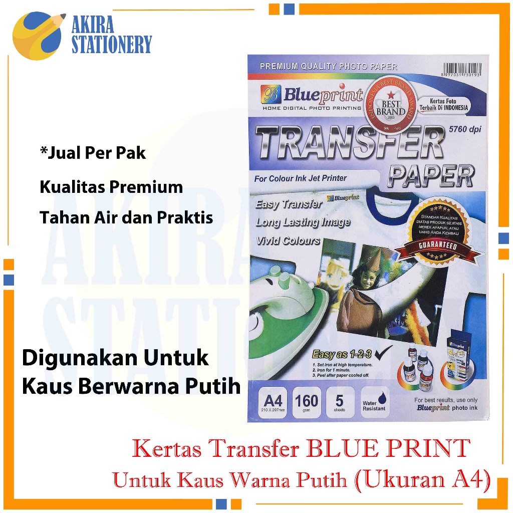 

Blueprint Transfer Paper A4 160 Gsm ( PUTIH ) / Kertas Transfer Sablon Kaos Putih / BP - TPAA4160