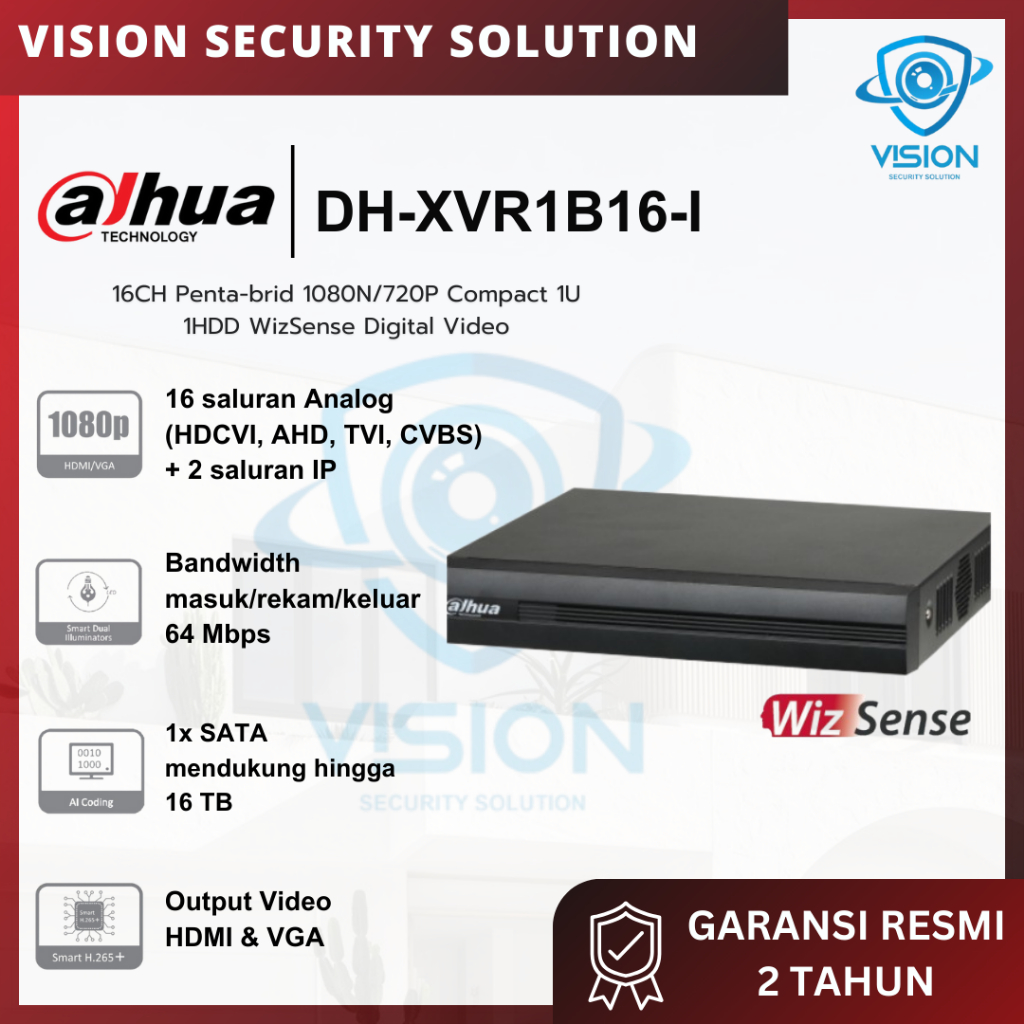 Dahua XVR1B16-I 1080p Cooper WizSense DVR 16ch H.265+ 1 SATA