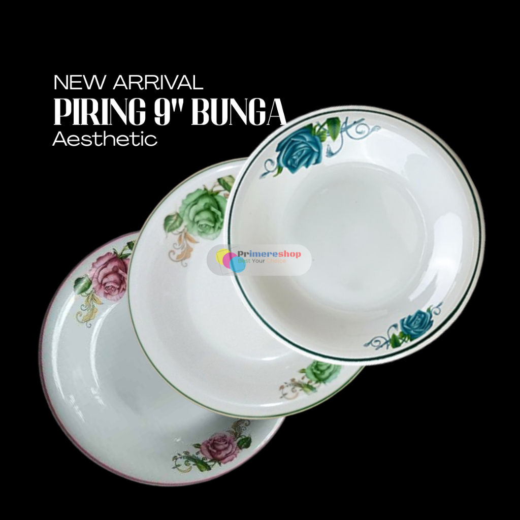 Piring Keramik 1 Lusin 12 pcs Motif Bunga 9 Inch Packing Kayu