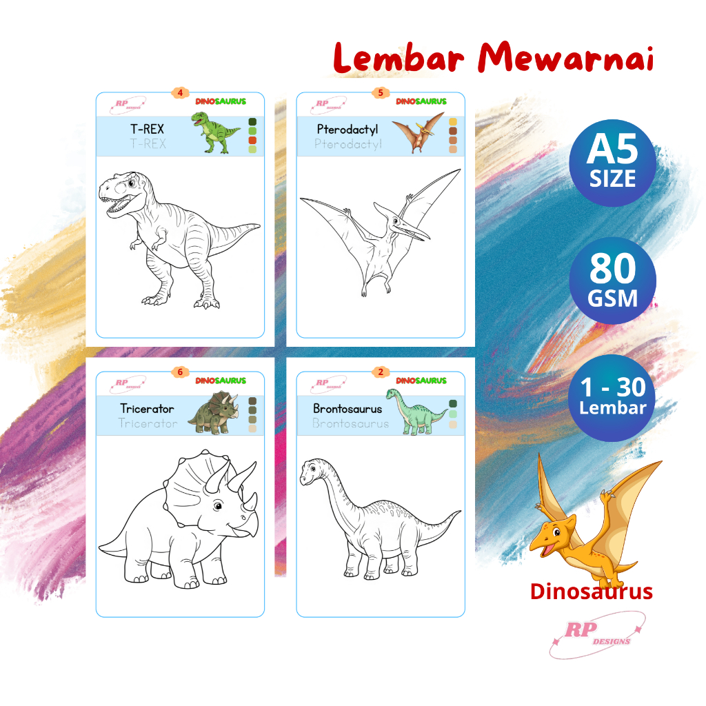 

15 - 30 Lembar Kertas Mewarnai Dinosaurus Bahan Hvs A5 Tebal 80 Gsm | Aktivitas Anak